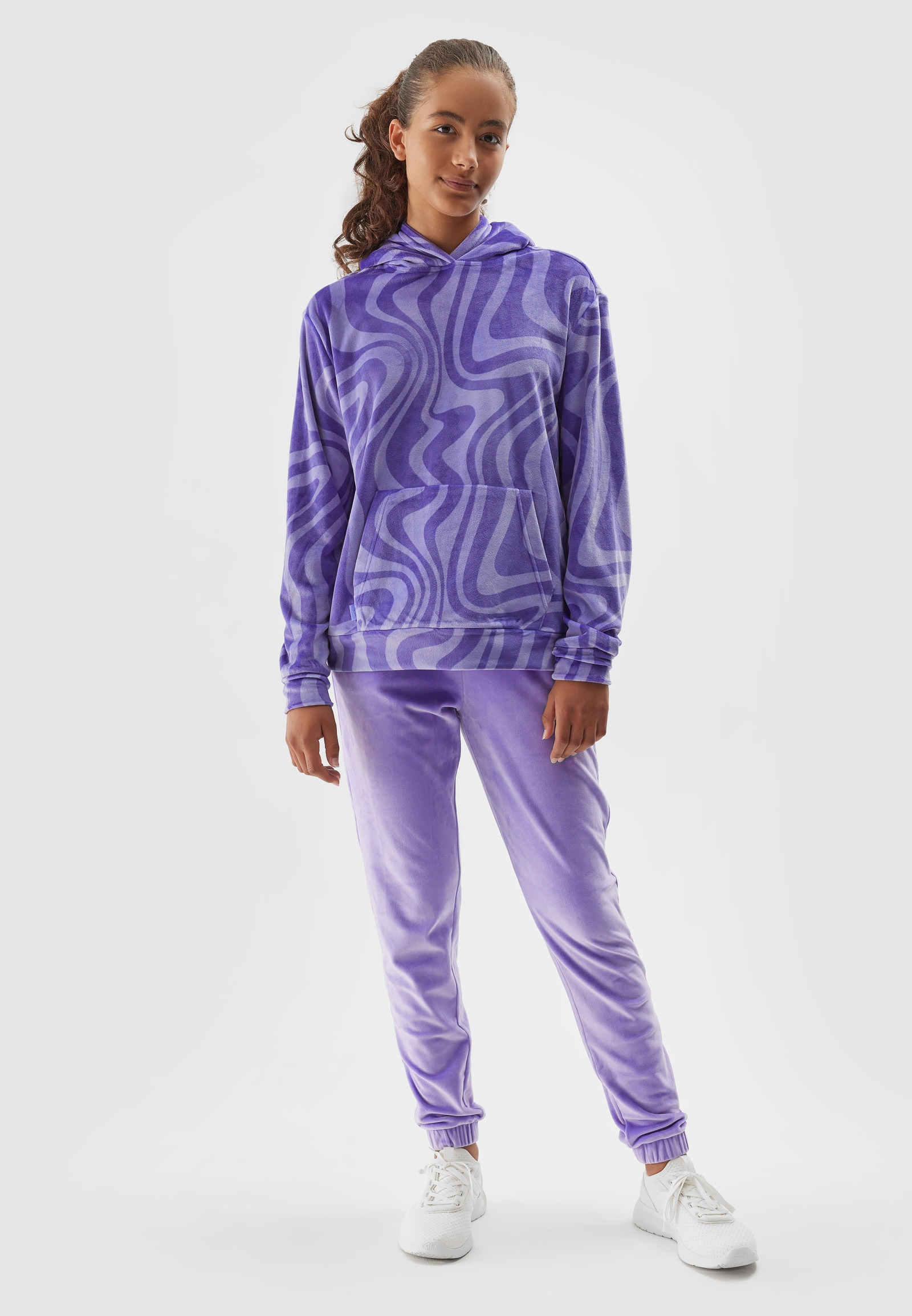 Dievčenské velúrové nohavice typu jogger- fialové